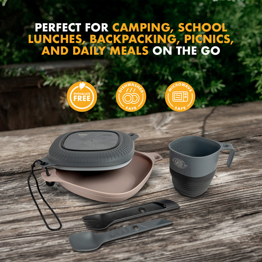 Mess kit for camping 1 person with nesting design and Switch Spork-mess kit uco gear-venture grey