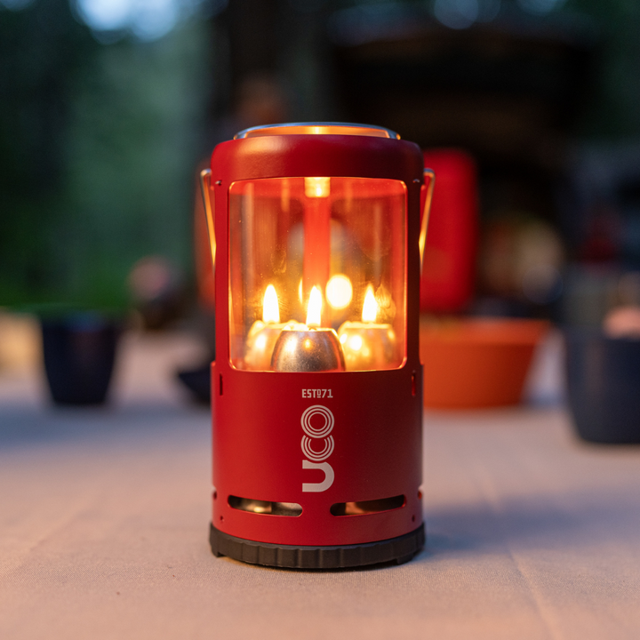 UCO Candlelier Candle Lantern packed with emergency long burning candles for hiking, RV camping, and bug-out bags-Burgundy Red Candlelier Candle lantern