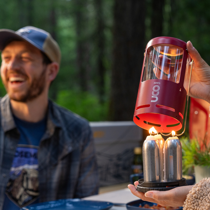 collapsible outdoor candle lantern for real candles- UCO Candlelier Candle Lantern Burgundy Red