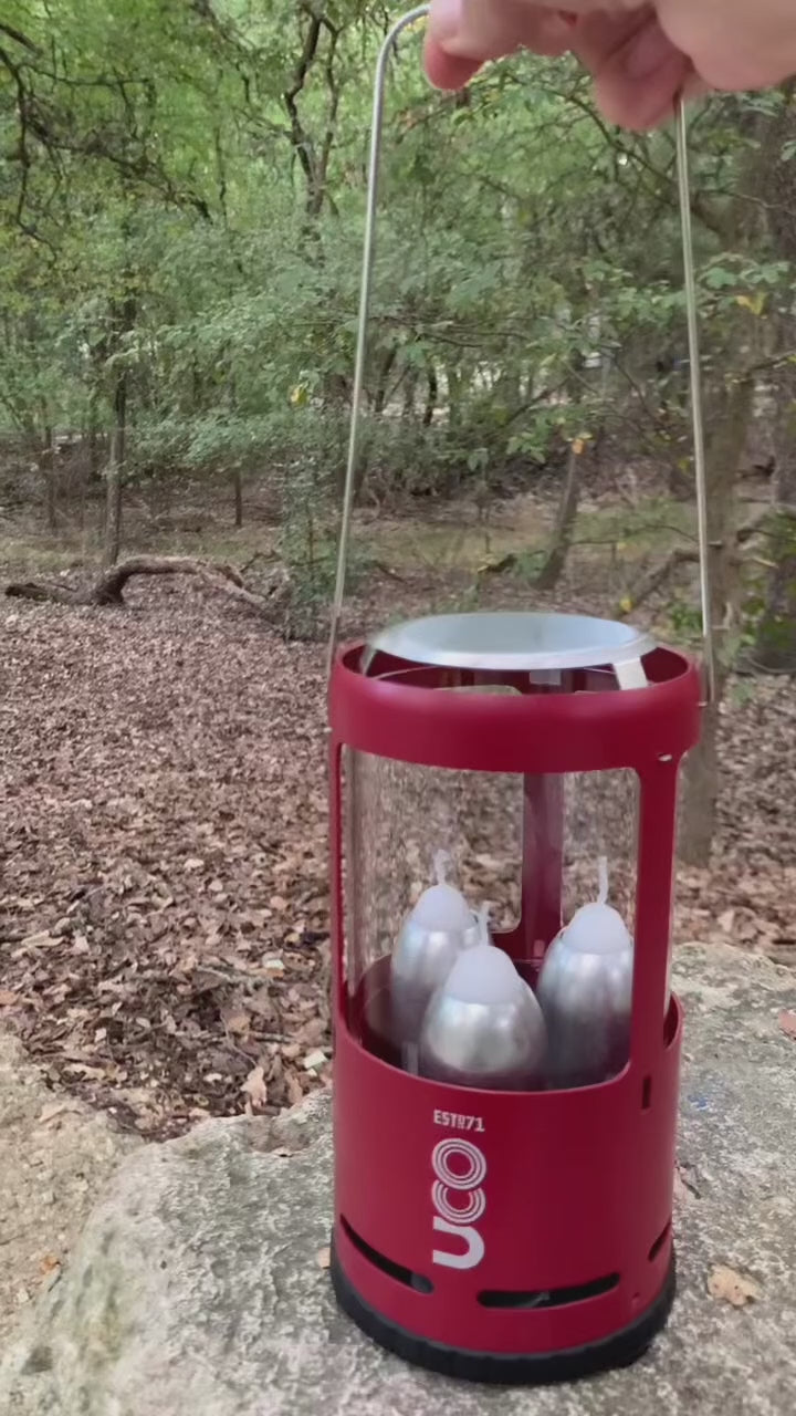 UCO Candlelier Candle Lantern using emergency long burning candles for off-grid lighting, storm survival kits, and outdoor heating