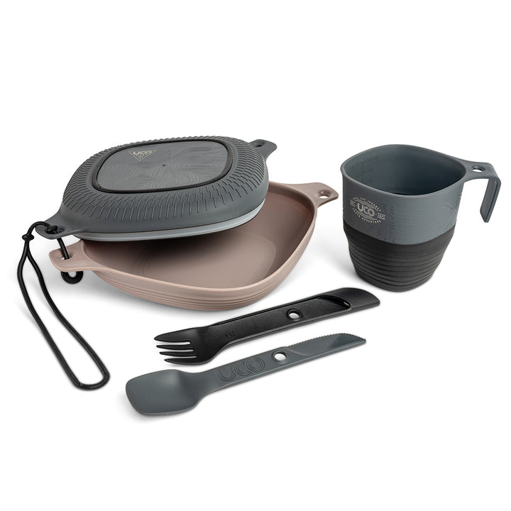 UCO 6-Piece Mess Kit for camping with plate, bowl, cup, and utensil set--venture grey 6 piece mess kit by UCO