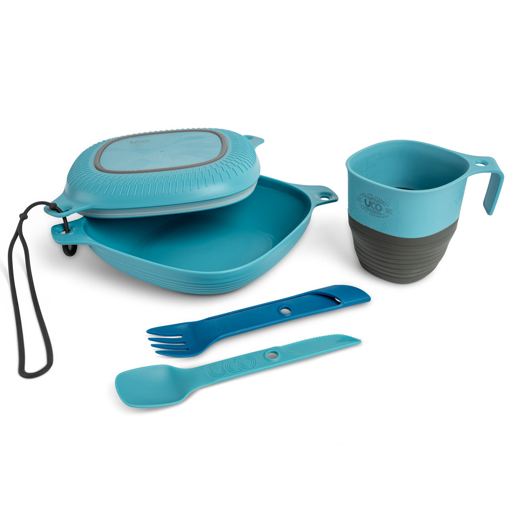 UCO 6-Piece Mess Kit for camping with plate, bowl, cup, and utensil set-blue 6 piece mess kit by uco