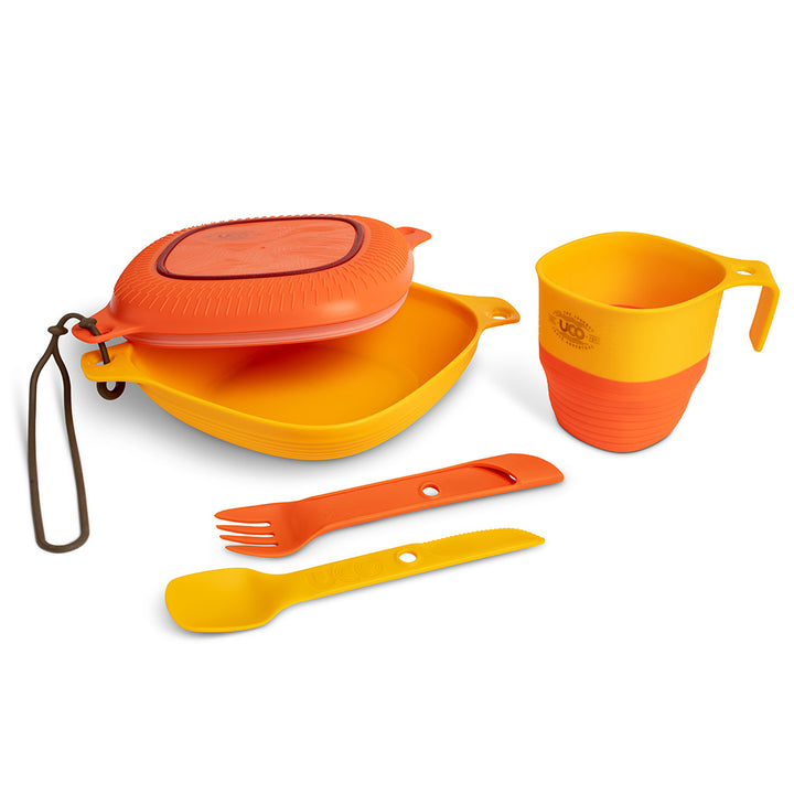 UCO 6-Piece Mess Kit for camping with plate, bowl, cup, and utensil set