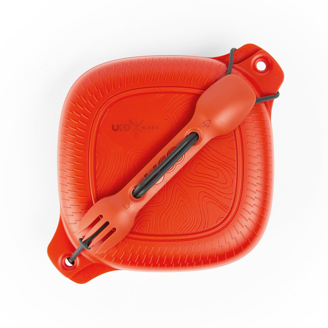 UCO ECO 4-Piece Mess Kit with recycled plate, bowl, Spork, and tether-chili red mess kit